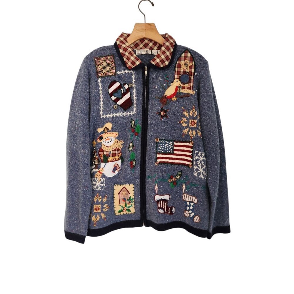 OHI Folk Christmas Sweater Full Zip Country Birds Patriotic US Flag Large EUC‎